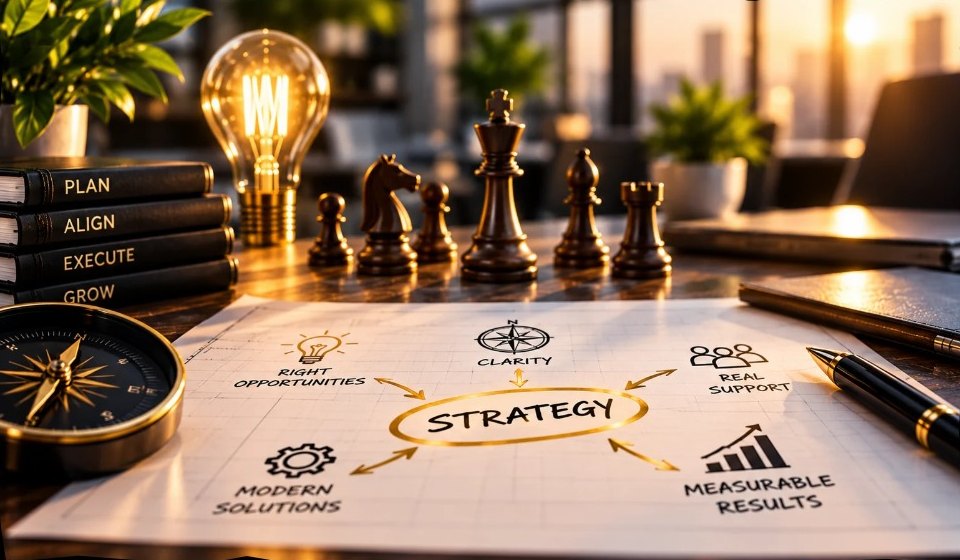 A strategy plan on a desk connecting right opportunities, clarity, real support, modern solutions and measurable results